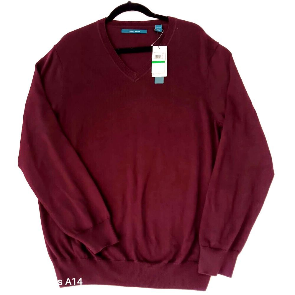 Perry Ellis‎ Mens Long Sleeve Shirt V Neck Pima Cotton Burgundy Sz Large New